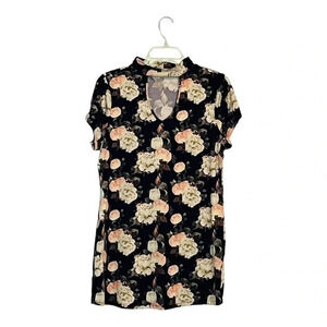 DICE SOFT BLACK FLORAL ROSE‎ PRINTED MINI SHIRT DRESS MOCK NECK KEYHOLE S…